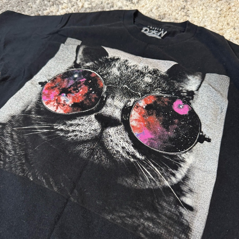 Popular Poison, Men’s Short Sleeve Graphic T-Shirt with Black Cat in Sunglasses - Picture 3 of 5